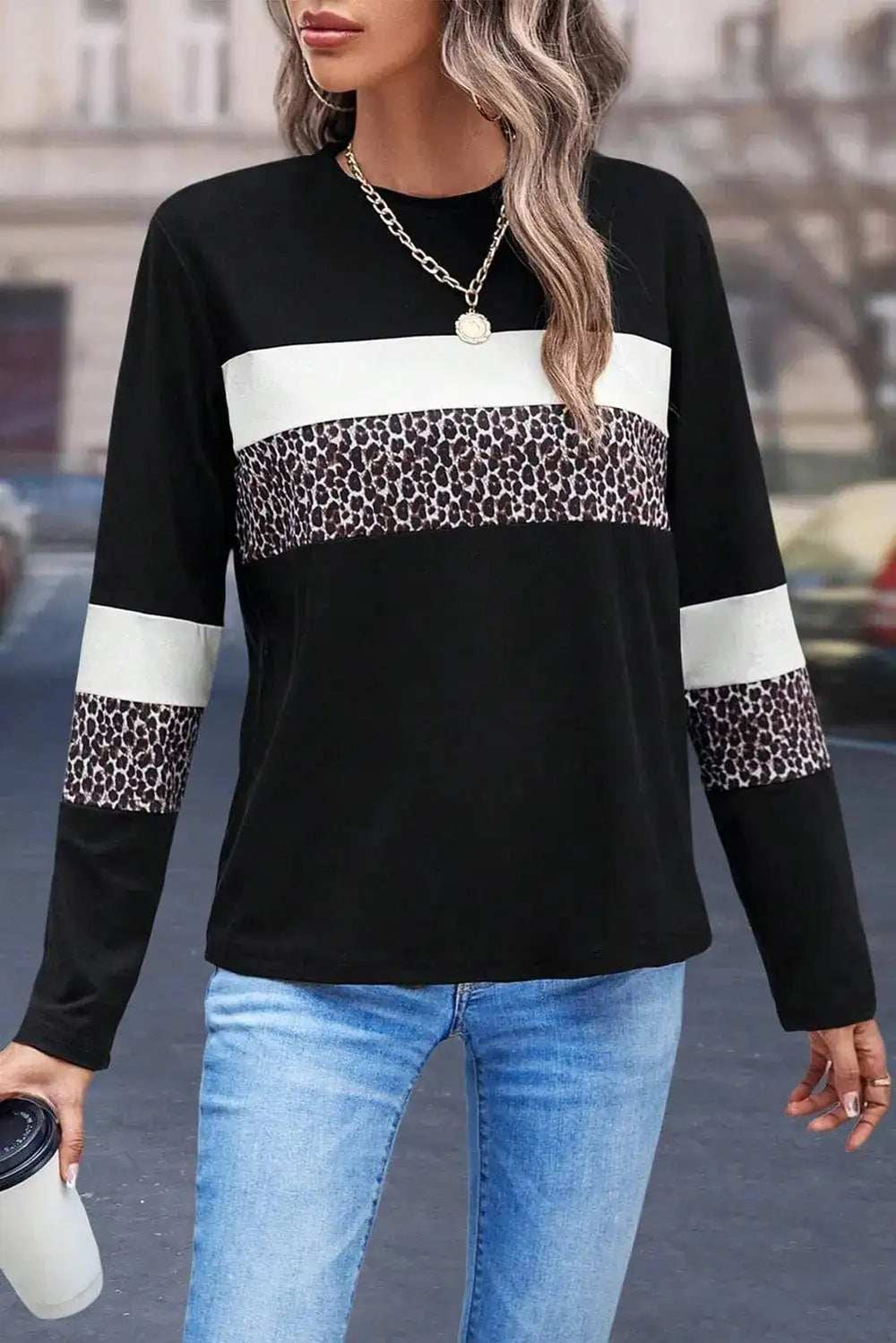Leopard Round Neck Long Sleeve Blouse - Trendsi - Flyclothing LLC