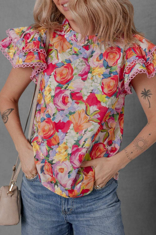 Lace Trim Ruffle Cap Sleeve Floral Blouse - Trendsi - Flyclothing LLC