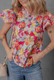 Lace Trim Ruffle Cap Sleeve Floral Blouse - Trendsi - Flyclothing LLC