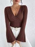 Ribbed Flare Sleeve Top - Trendsi - Flyclothing LLC