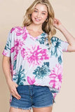 BOMBOM Floral V-Neck Short Sleeve T-Shirt - Trendsi - Flyclothing LLC