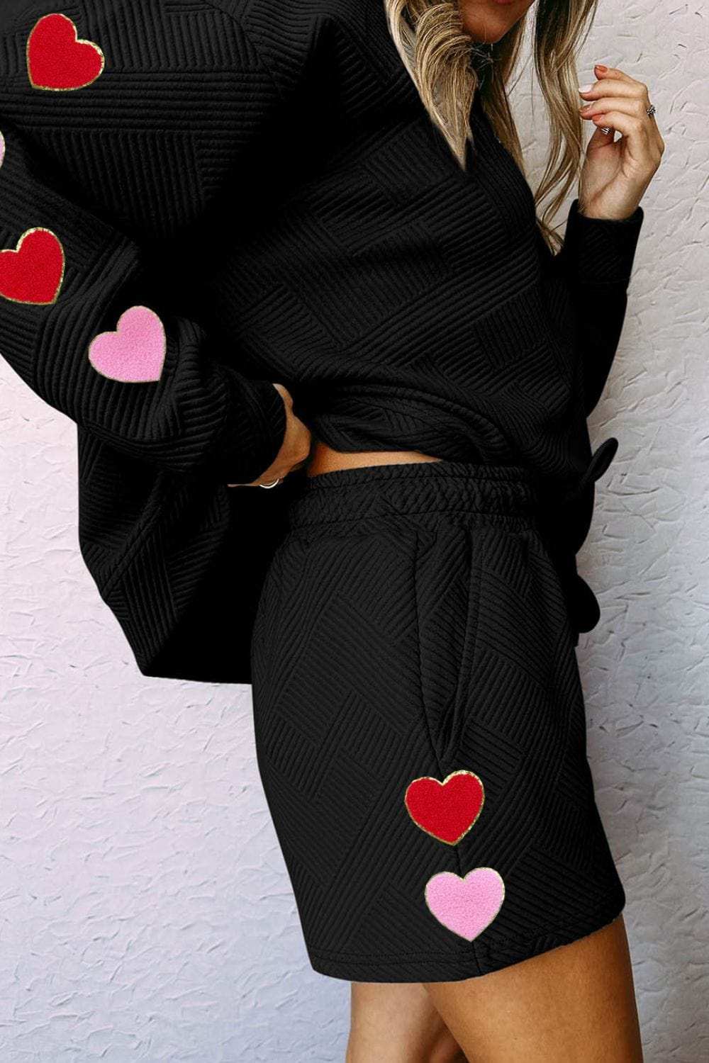 Heart Texture Round Neck Top and Drawstring Shorts Set - Trendsi - Flyclothing LLC