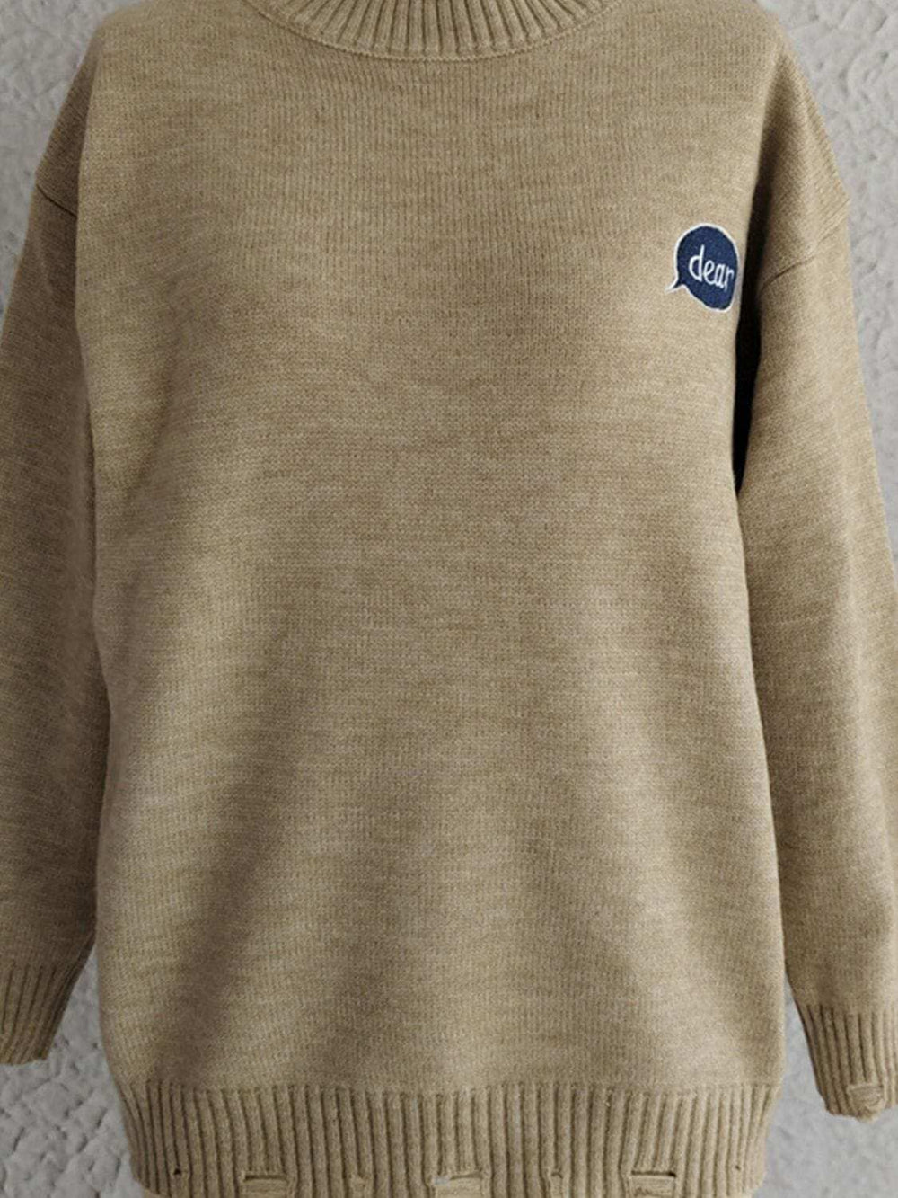 Embroidered Round Neck Dropped Shoulder Sweater - Trendsi - Flyclothing LLC