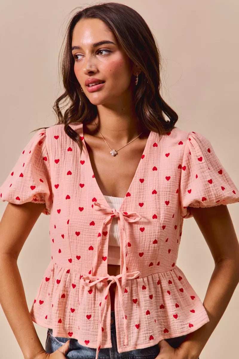 SO ME All Over Heart Ribbon Tie Baby Doll Valentine Blouse - Trendsi - Flyclothing LLC