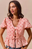 SO ME All Over Heart Ribbon Tie Baby Doll Valentine Blouse - Trendsi - Flyclothing LLC