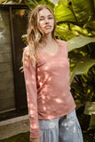 BiBi Mir Solid Raw Edge Neckline Thumb Opening Top - Trendsi - Flyclothing LLC