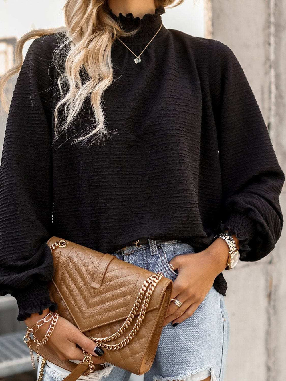 Smocked Frill Mock Neck Long Sleeve Blouse - Trendsi - Flyclothing LLC