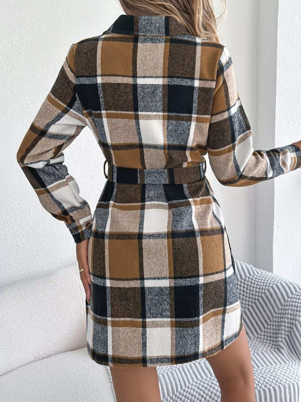 Plaid Button Front Tie Waist Shirt Dress - Trendsi - Flyclothing LLC