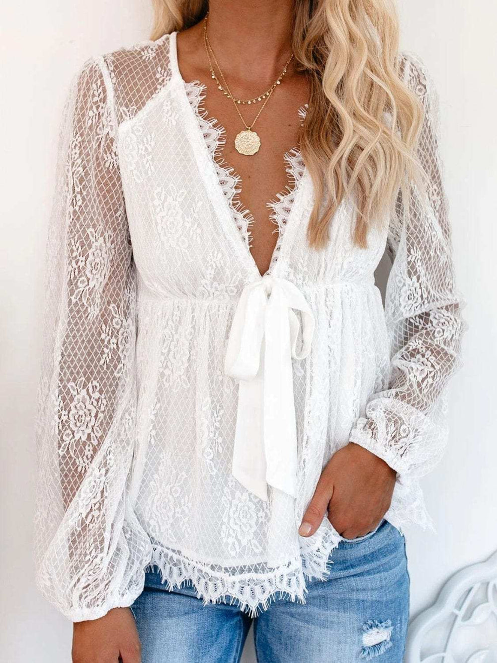 Lace Detail Plunge Long Sleeve Blouse - Trendsi - Flyclothing LLC