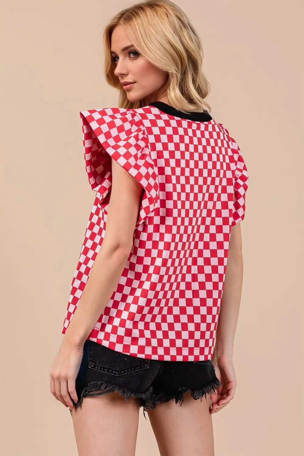 Oh Checkered Round Neck Puff Sleeve Blouse - Trendsi - Flyclothing LLC
