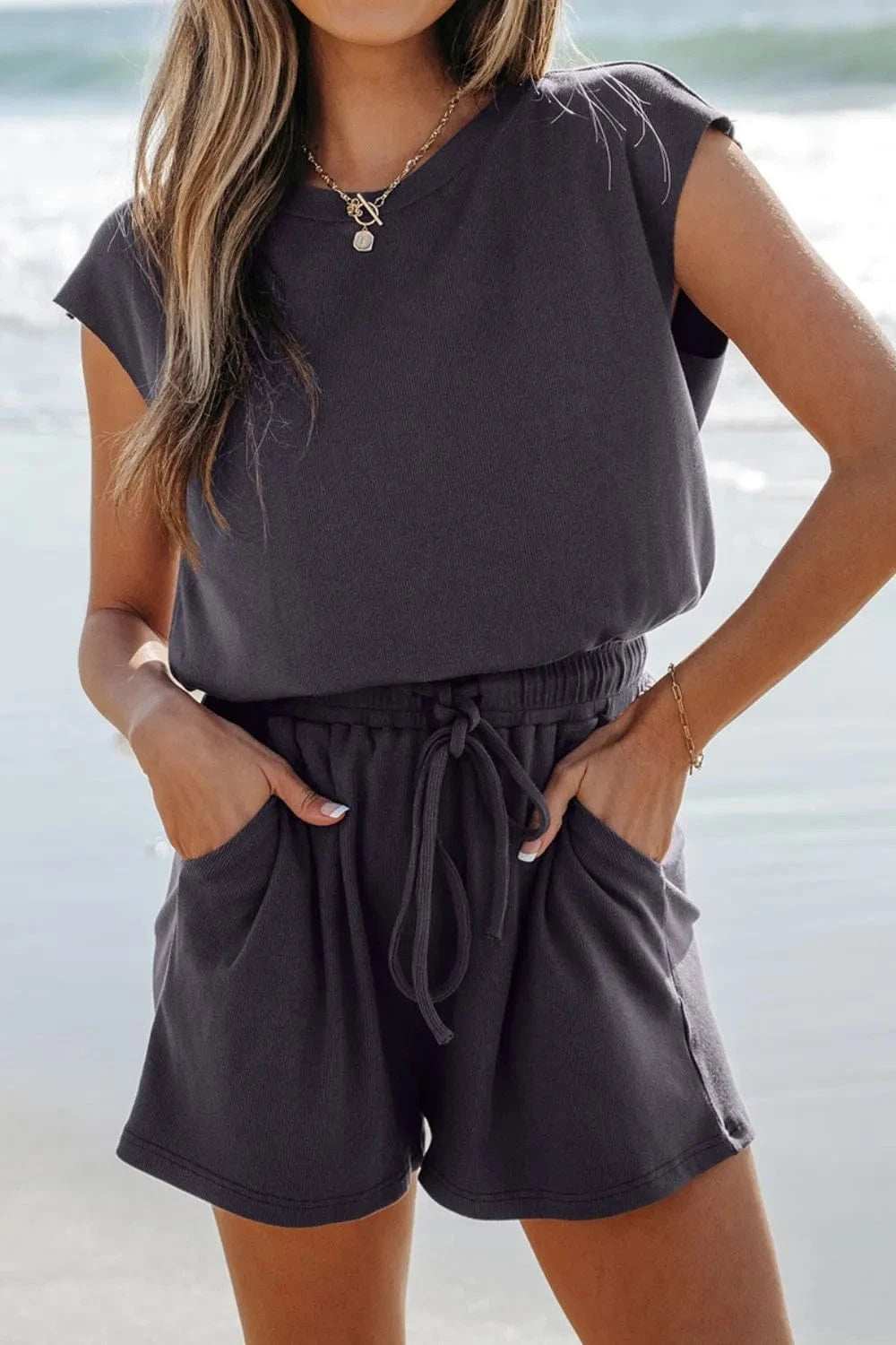 Knit Open Back Cap Sleeve Drawstring Romper - Trendsi - Flyclothing LLC