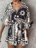 Printed Tie Waist Half Sleeve Romper - Trendsi - Flyclothing LLC