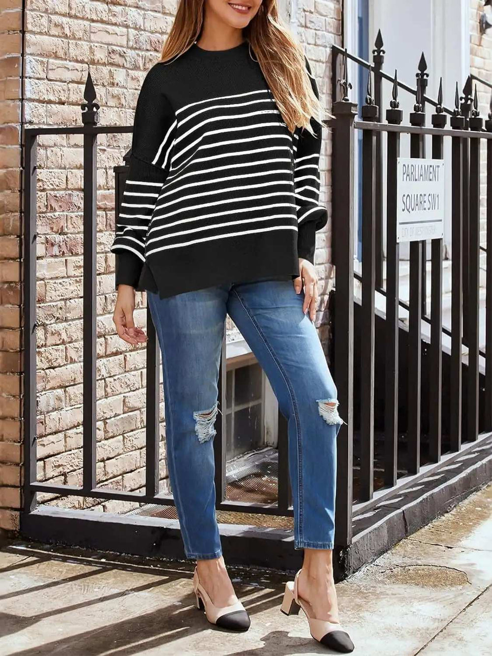 Striped Round Neck Long Sleeve Sweatshirt - Trendsi - Flyclothing LLC