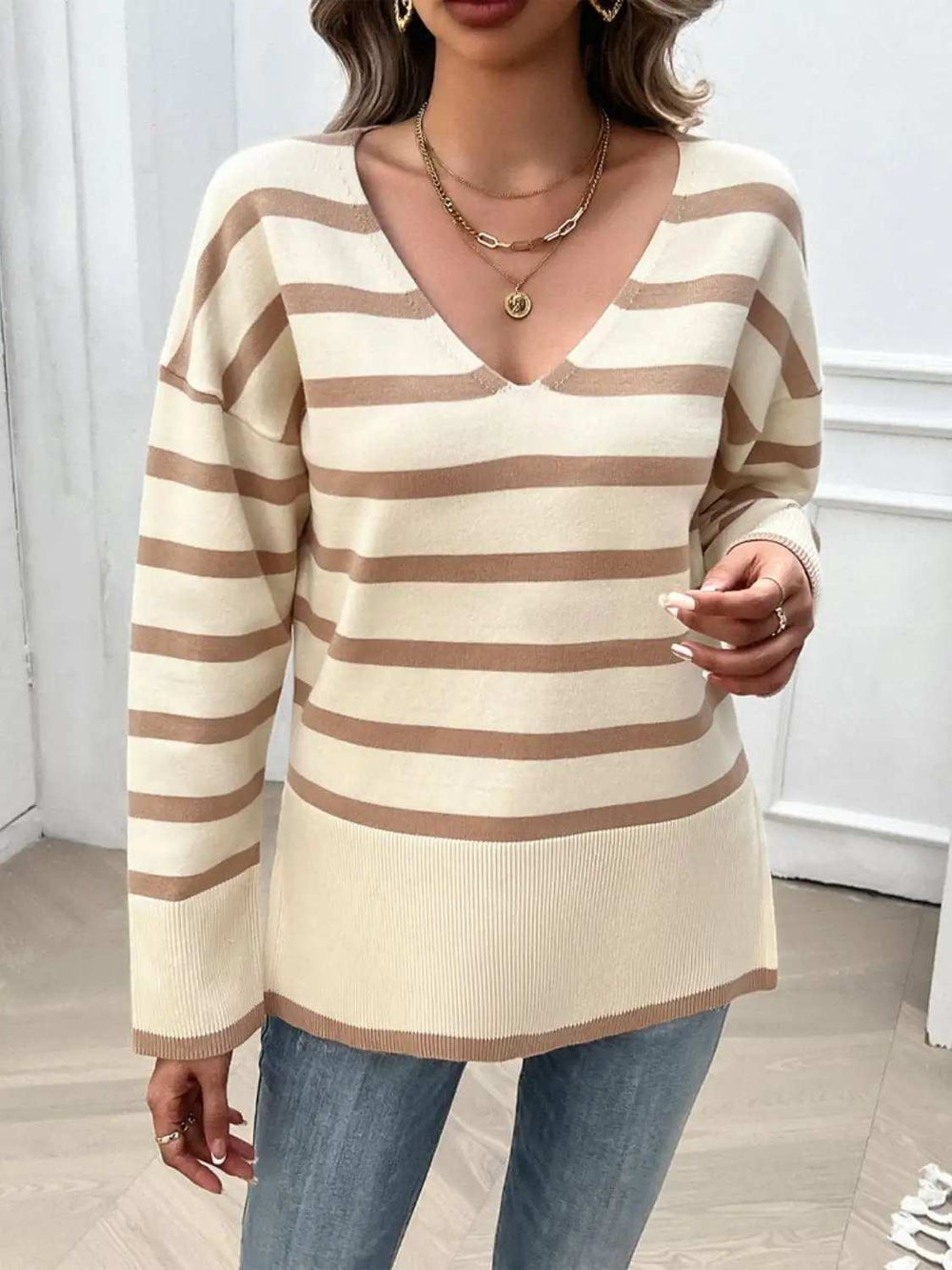 Striped V-Neck Long Sleeve Knit Top - Trendsi - Flyclothing LLC