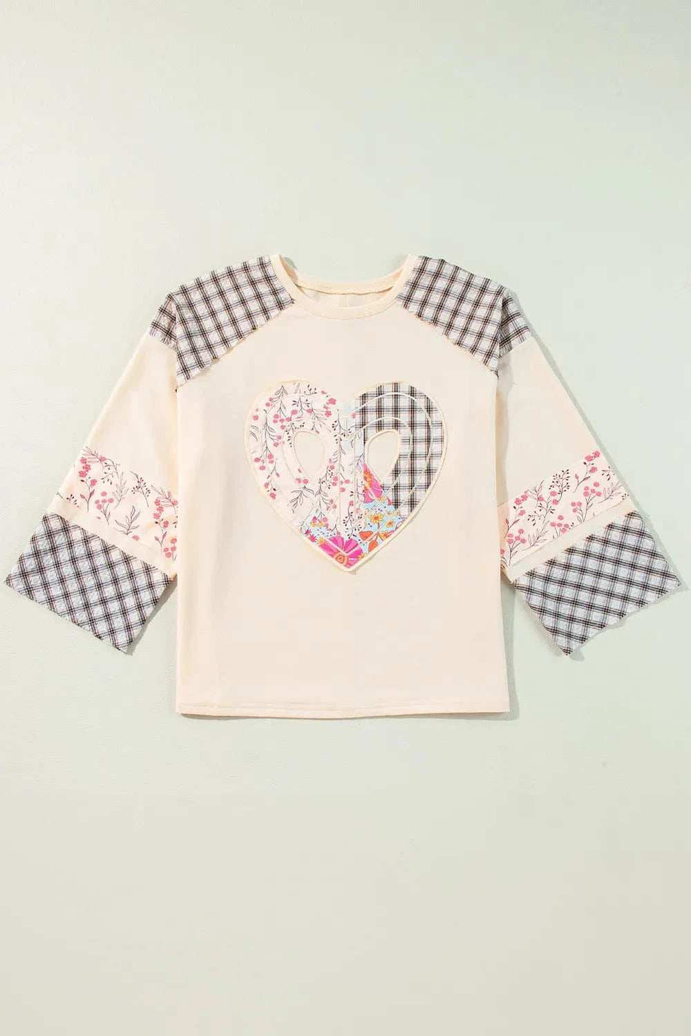 Heart Plaid Round Neck Long Sleeve Blouse - Trendsi - Flyclothing LLC