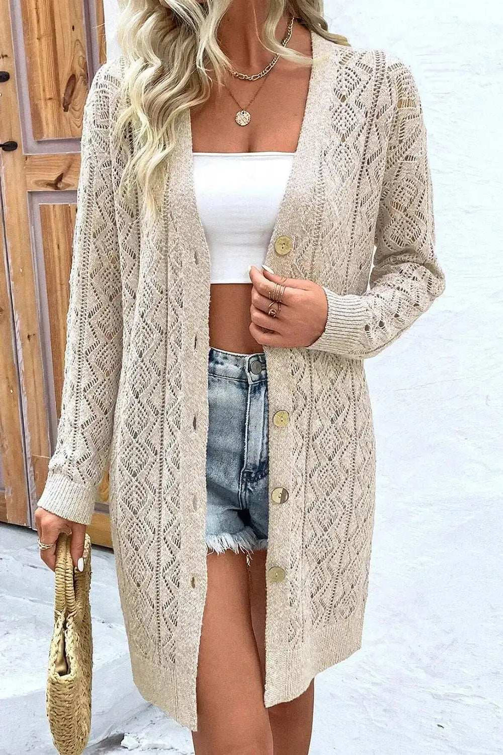 Openwork Button Down Long Sleeve Cardigan - Trendsi - Flyclothing LLC
