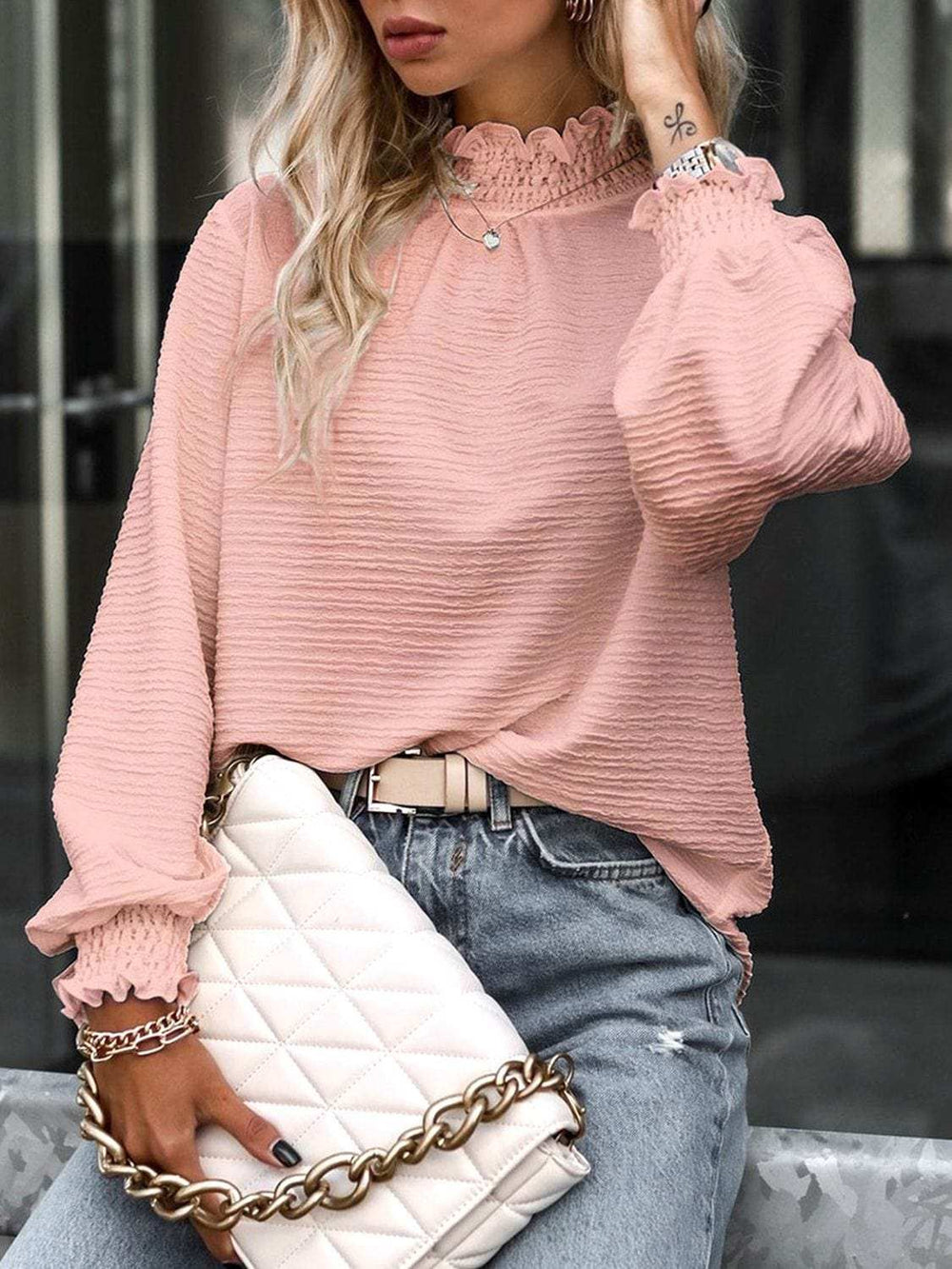 Smocked Frill Mock Neck Long Sleeve Blouse - Trendsi - Flyclothing LLC