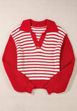 Striped Johnny Collar Long Sleeve Sweater - Trendsi - Flyclothing LLC