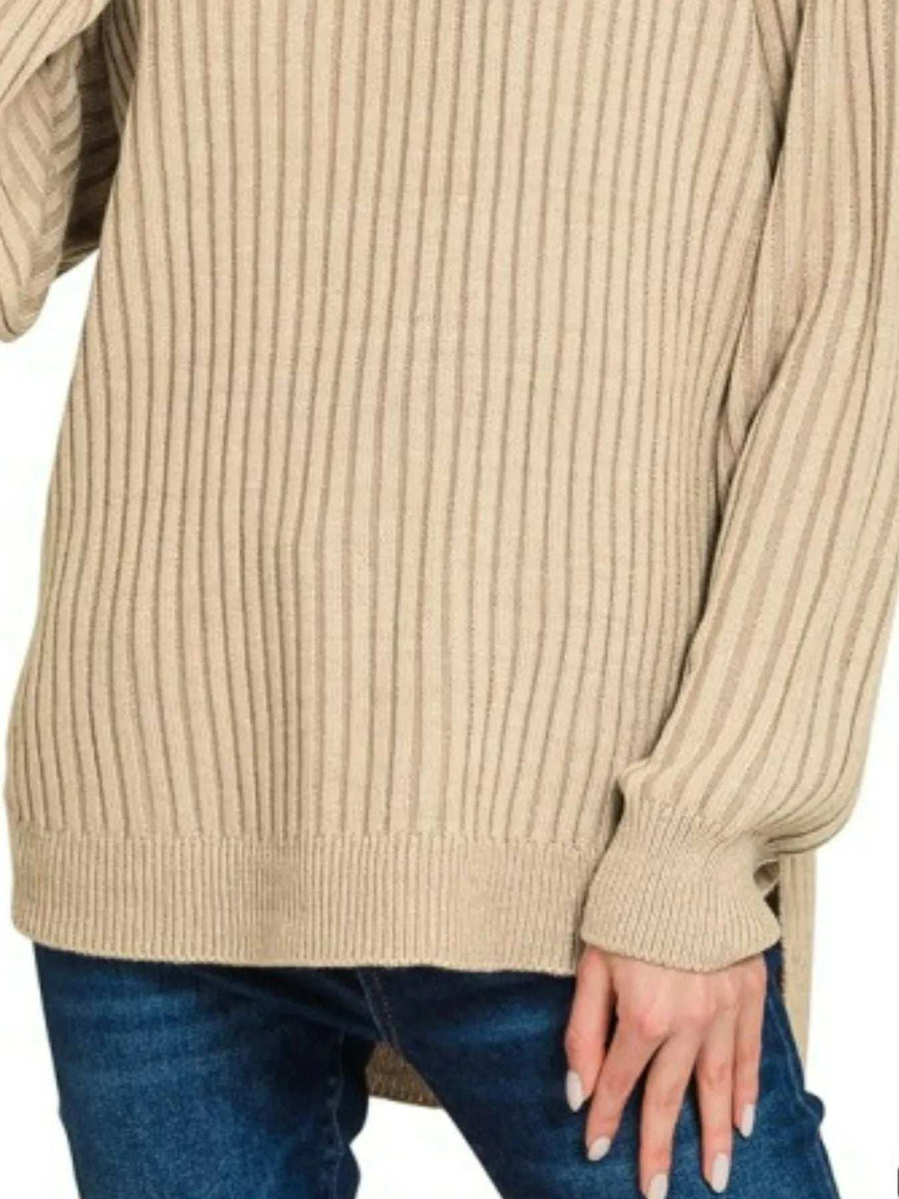 Zenana Curved Hem Two-Tone Ribbed Sweater - Trendsi - Flyclothing LLC