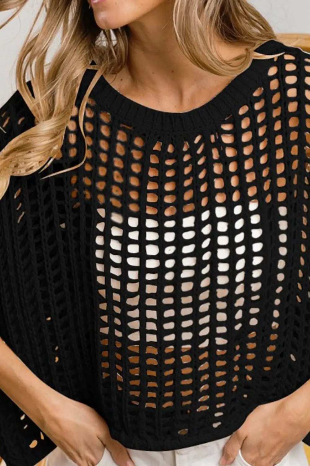 BiBi Hollowed Out Short Sleeve Knit Cover Up - Trendsi - Flyclothing LLC