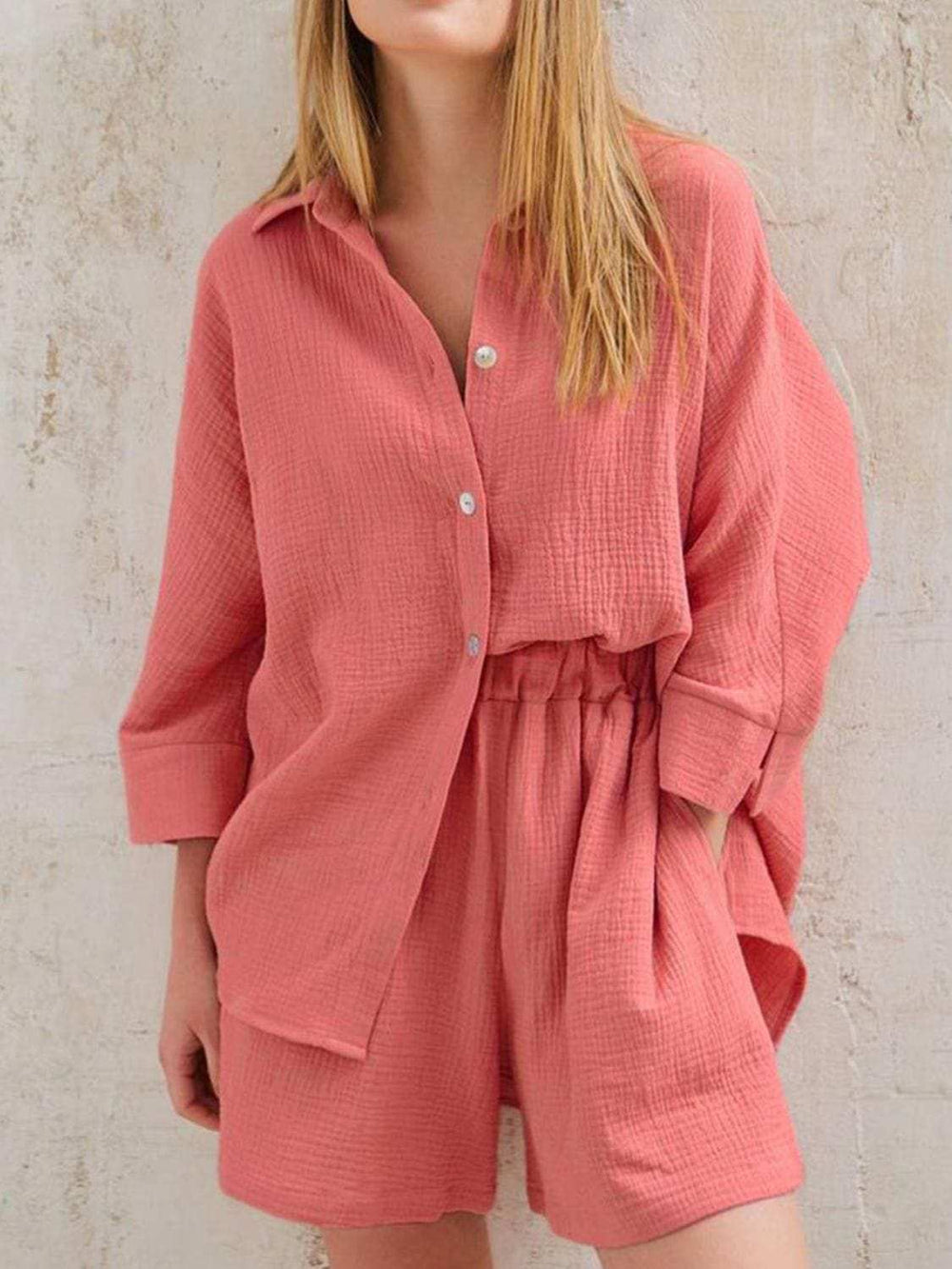 Texture Button Up Shirt and Shorts Set - Trendsi - Flyclothing LLC