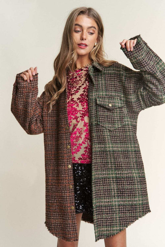 J.NNA Snap Down Tweed Plaid Contrast Longline Shacket - Trendsi - Flyclothing LLC