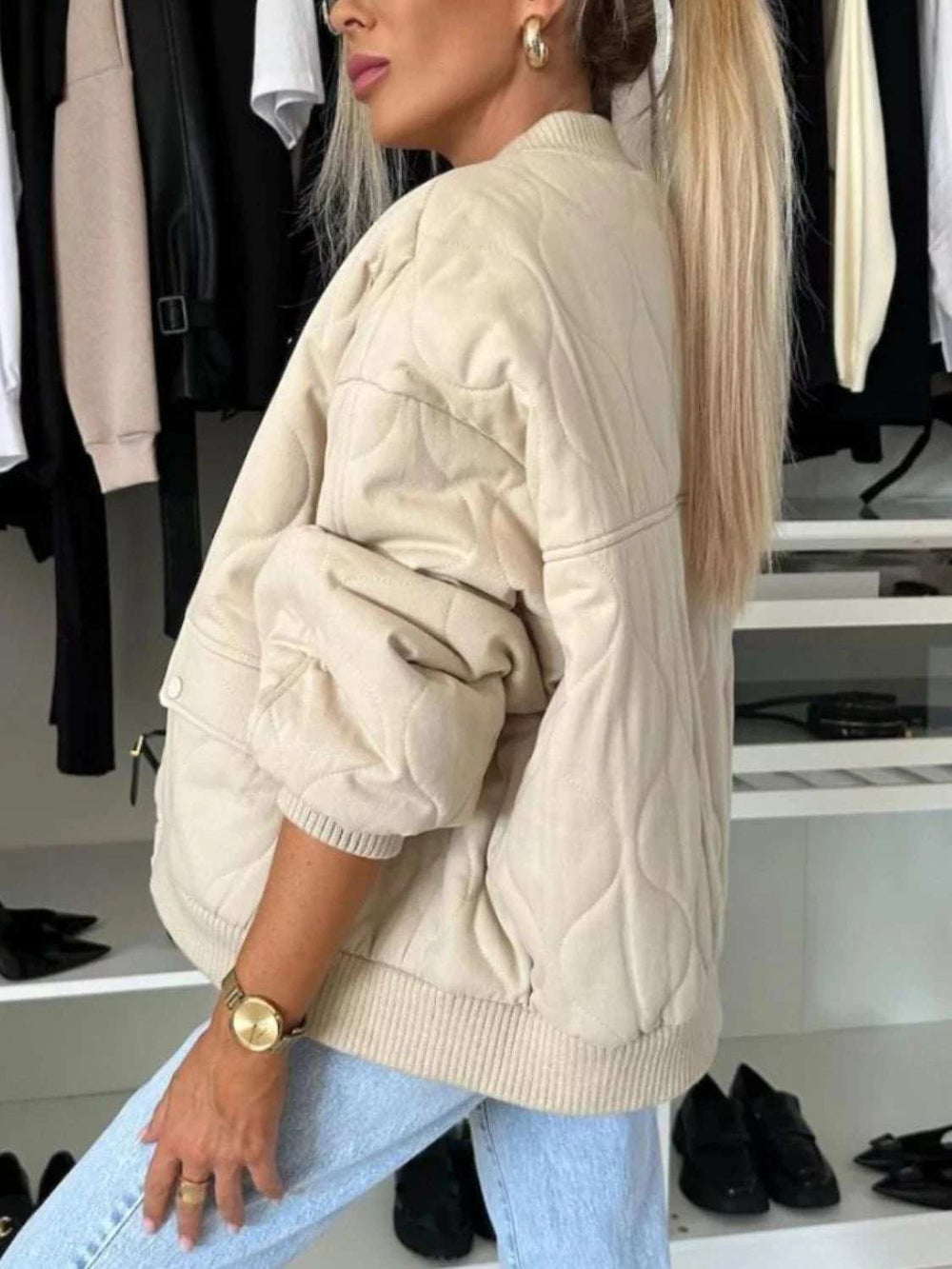 Baseball Collar Snap Down Long Sleeve Jacket - Trendsi - Flyclothing LLC