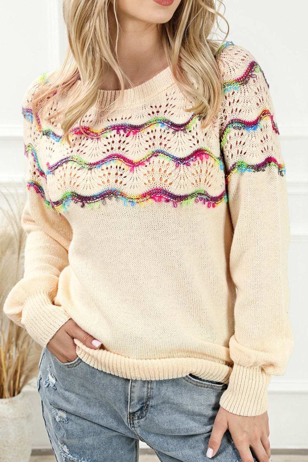 Openwork Wavy Striped Round Neck Sweater - Trendsi - Flyclothing LLC