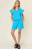 Double Take Full Size Texture Flounce Sleeve Top and Drawstring Shorts Set - Trendsi - Flyclothing LLC