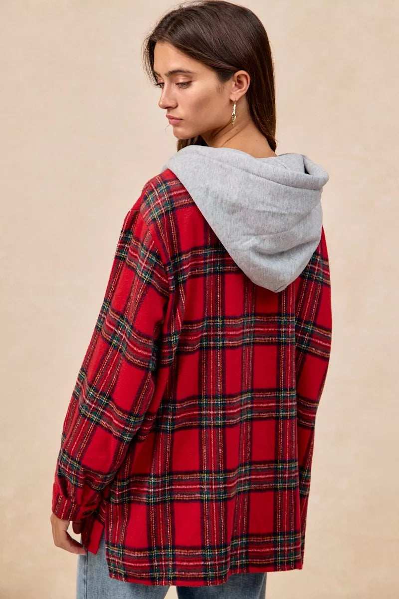 BiBi Brushed Plaid Hooded Jacket - Trendsi - Flyclothing LLC