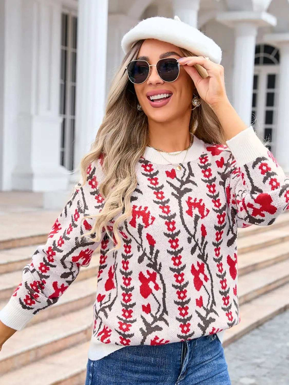 Flower Round Neck Long Sleeve Sweater - Trendsi - Flyclothing LLC
