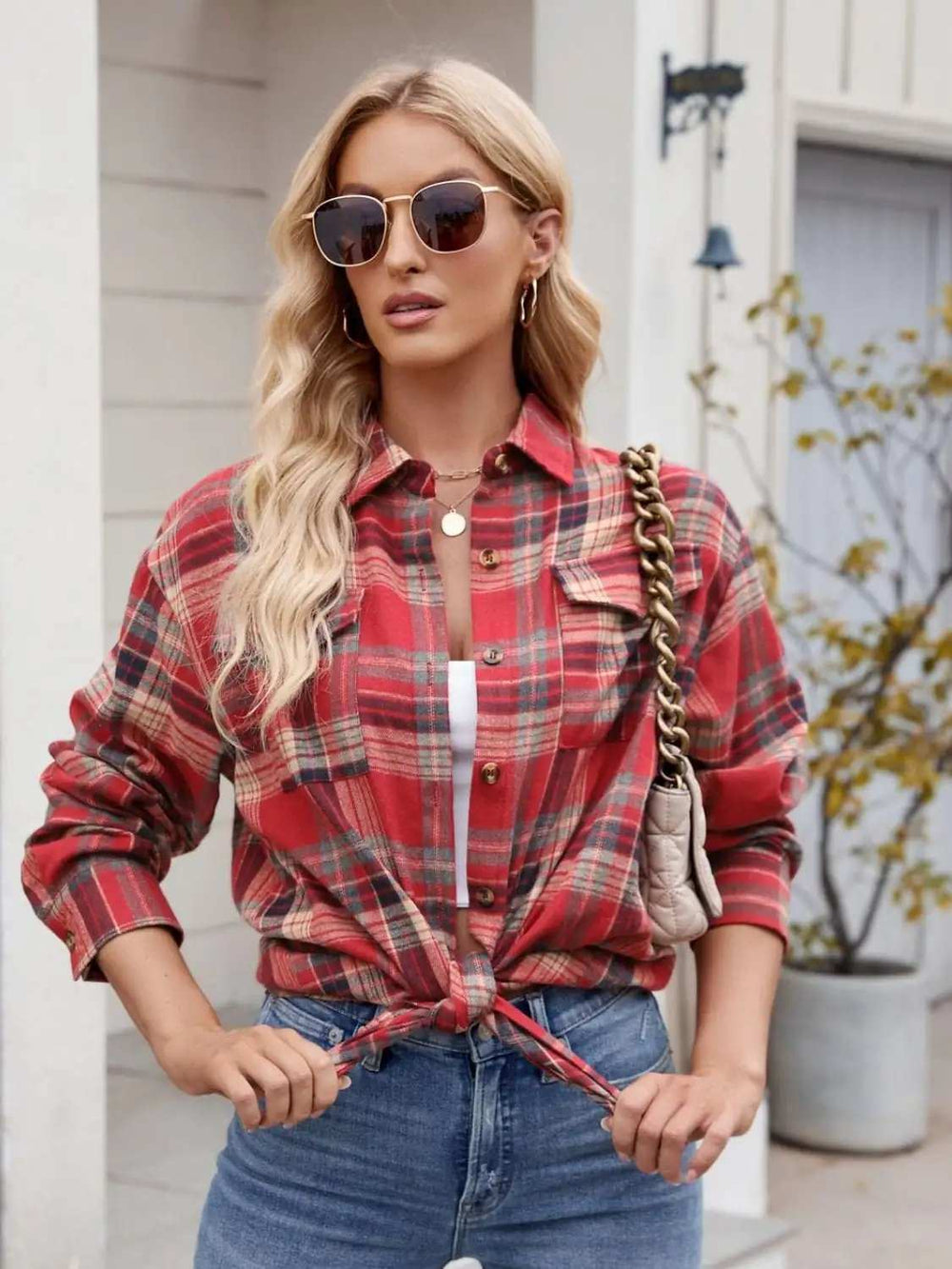 Plaid Button Up Long Sleeve Shirt - Trendsi - Flyclothing LLC