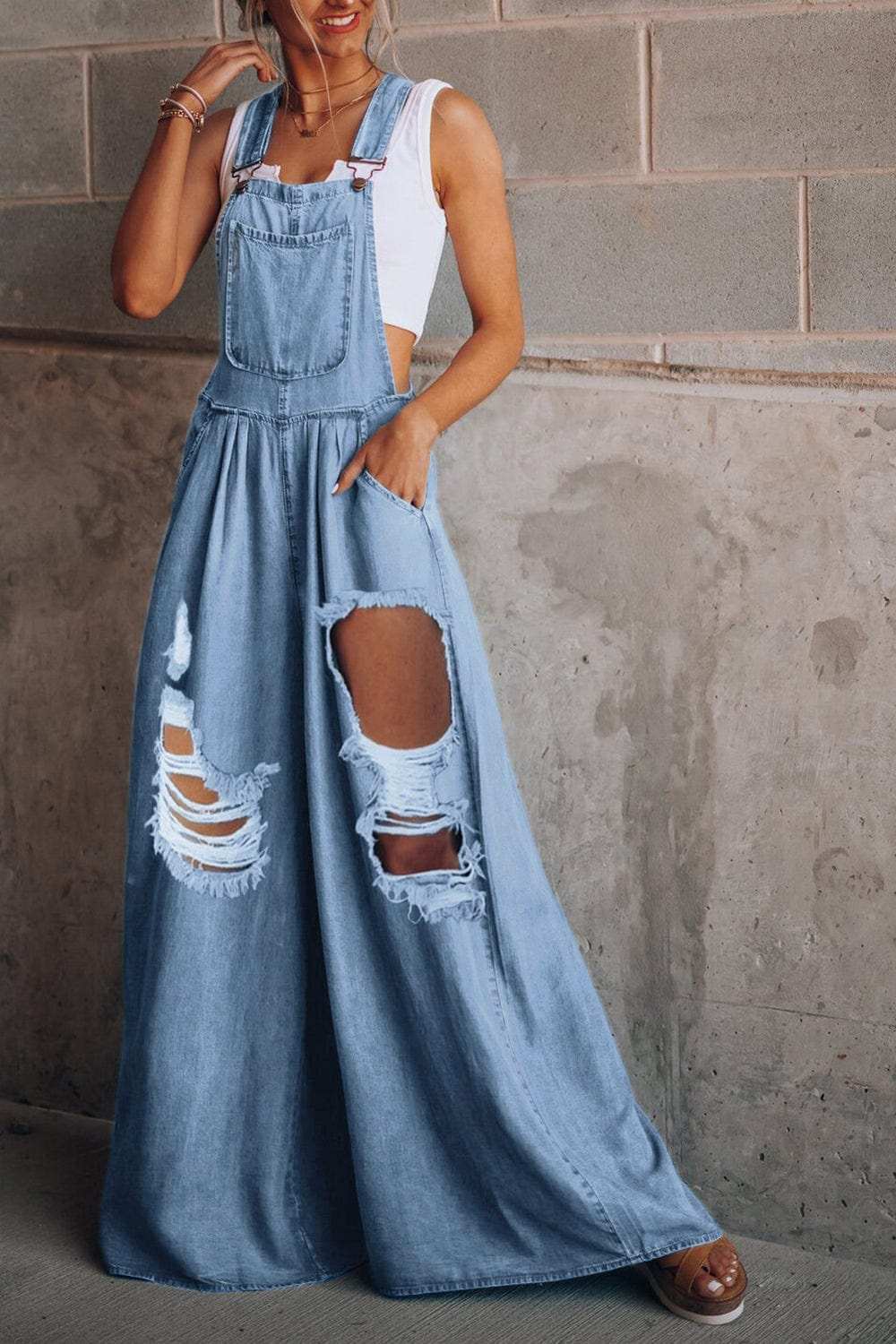 Distressed Wide Leg Denim Overalls - Trendsi - Flyclothing LLC