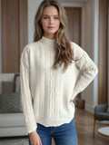 Cable-Knit Mock Neck Dropped Shoulder Sweater - Trendsi - Flyclothing LLC