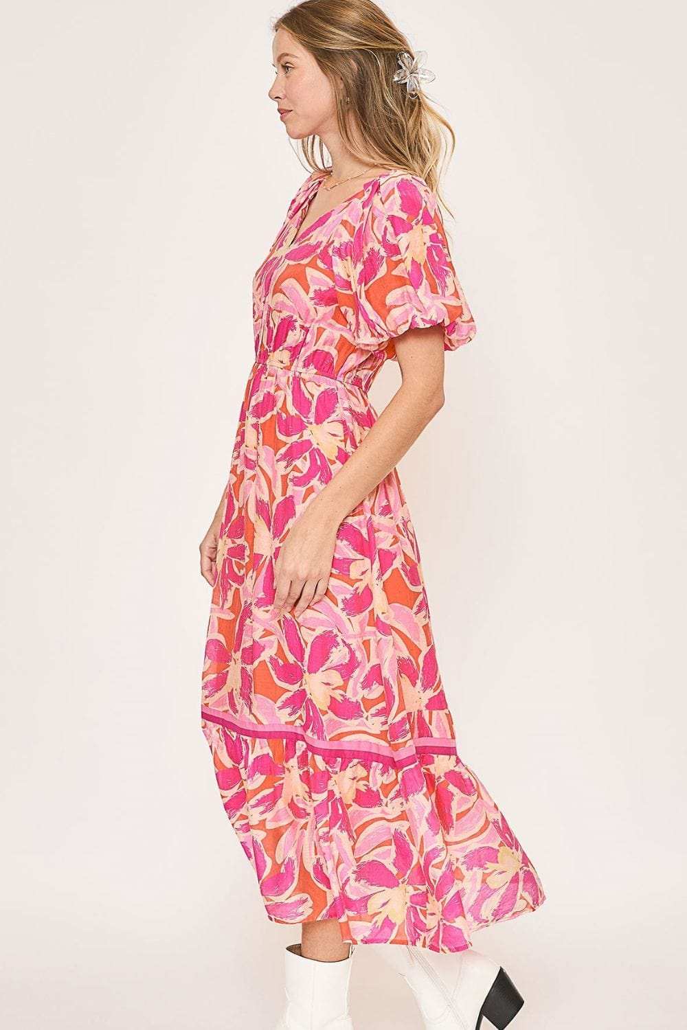Umgee Floral Notched Puff Sleeve Midi Dress - Trendsi - Flyclothing LLC