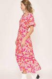 Umgee Floral Notched Puff Sleeve Midi Dress - Trendsi - Flyclothing LLC