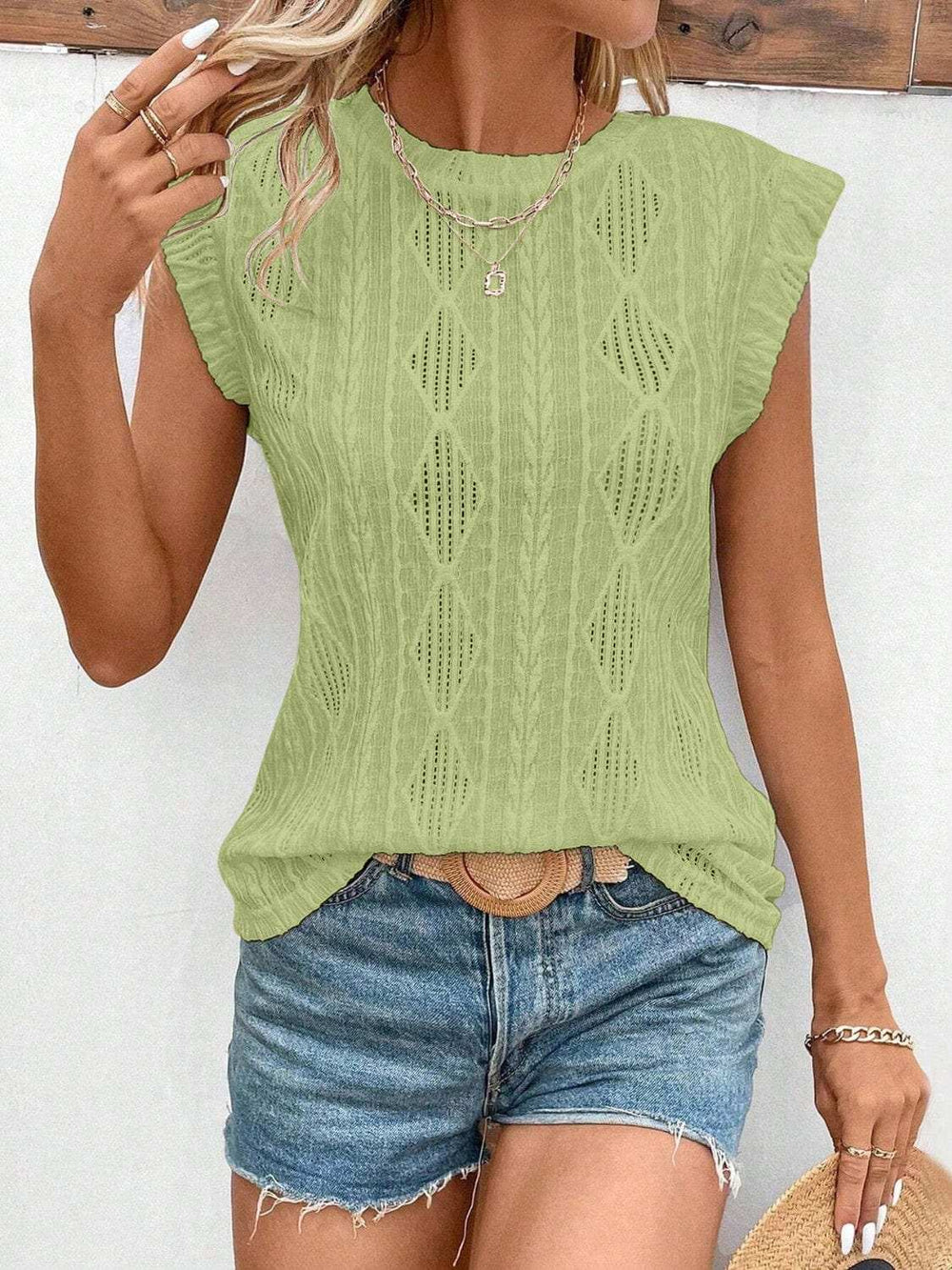 Openwork Round Neck Cap Sleeve Top - Trendsi - Flyclothing LLC