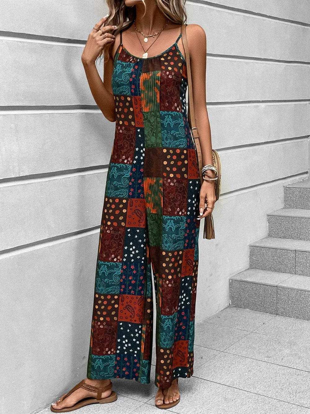 Printed Scoop Neck Spaghetti Strap Jumpsuit - Trendsi - Flyclothing LLC