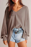 Waffle-Knit V-Neck Long Sleeve Top - Trendsi - Flyclothing LLC