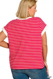Zenana Full Size Contrast Trim Cap Sleeve Stripe Tee Plus Size - Trendsi - Flyclothing LLC