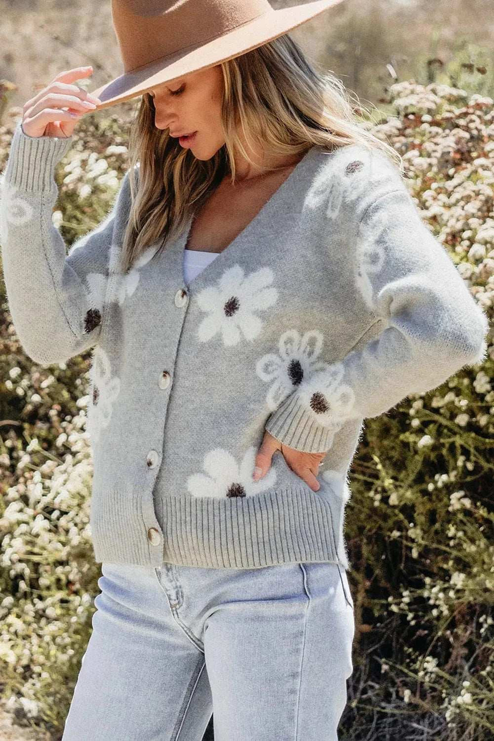 Flower Button Up Long Sleeve Cardigan - Trendsi - Flyclothing LLC