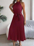 Pleated Tie Waist Sleeveless Midi Dress - Trendsi - Flyclothing LLC