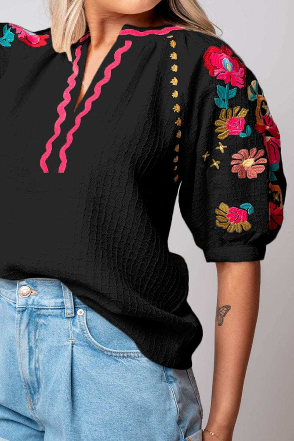 Floral Embroidered Notched Puff Sleeve Blouse - Trendsi - Flyclothing LLC