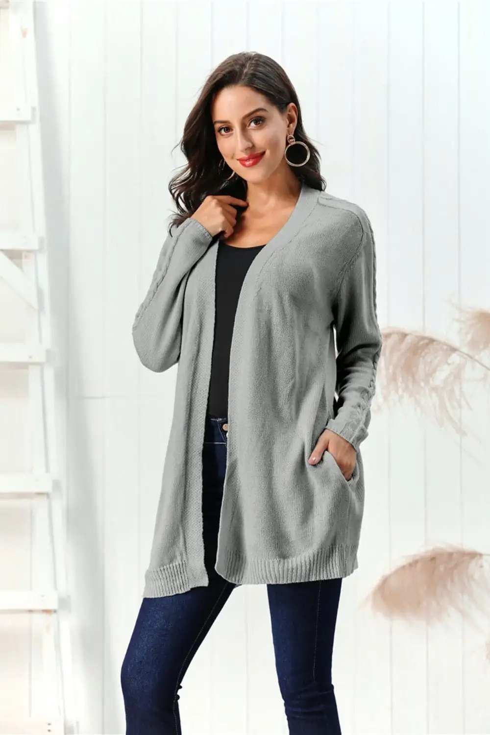 Cable-Knit Open Front Long Sleeve Cardigan - Trendsi - Flyclothing LLC