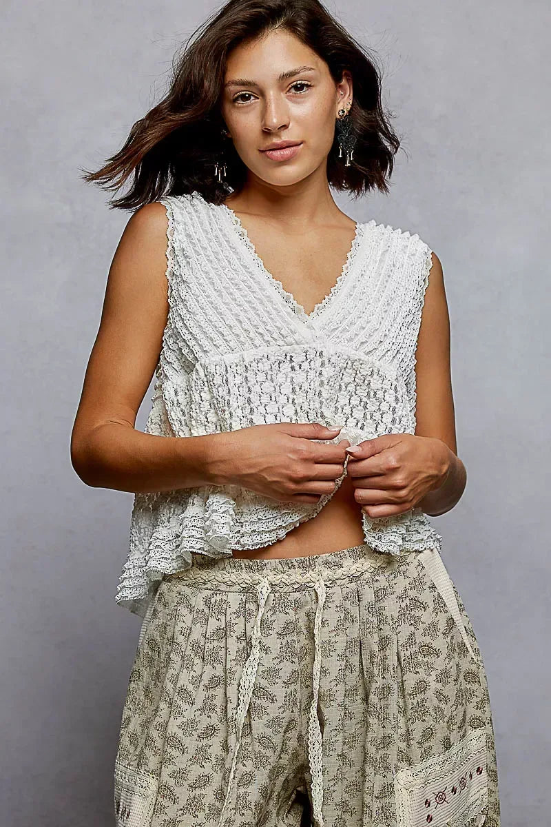 POL Textured Lace Cropped Tank with Trim Detail - Trendsi - Flyclothing LLC