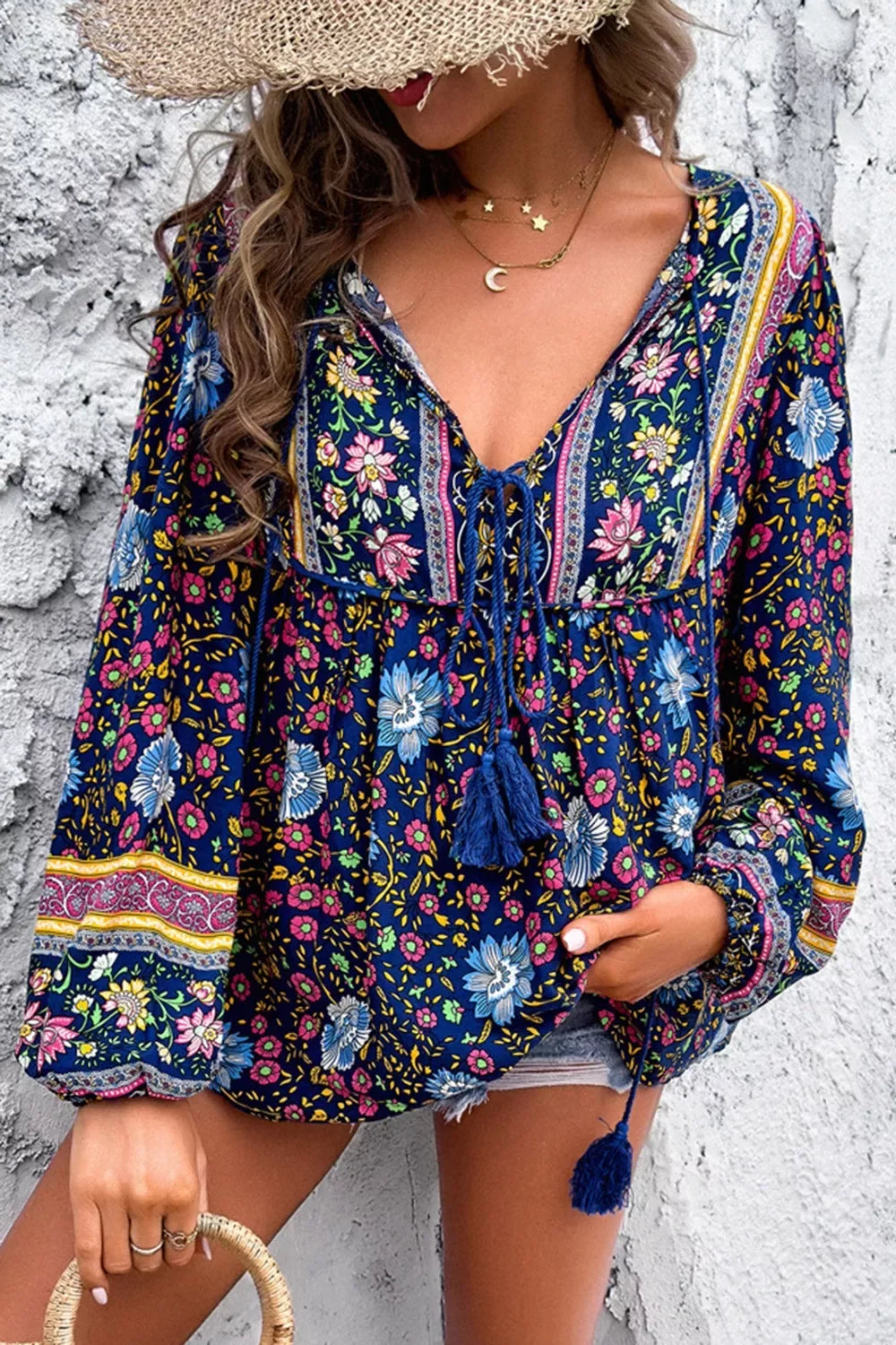 Floral Print Tie Neck Blouse - Trendsi - Flyclothing LLC