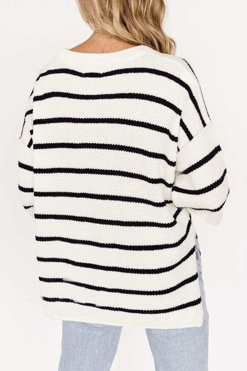 Stripe Drop Shoulder Side Slit Knit Top - Trendsi - Flyclothing LLC