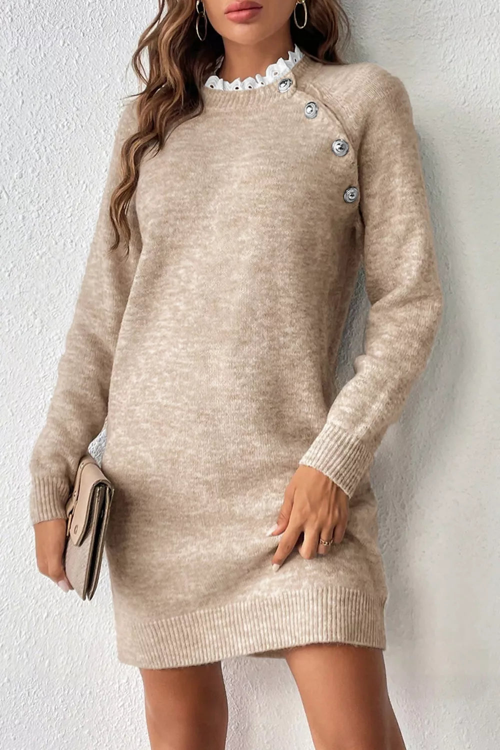 Ribbed Hem Raglan Sleeve Sweater Dress - Trendsi - Flyclothing LLC