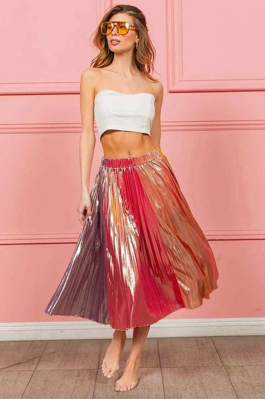 BiBi Metallic Color Block Pleats Midi Skirt - Trendsi - Flyclothing LLC