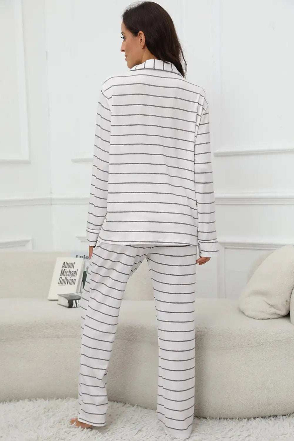 Striped V-Neck Long Sleeve Top and Pants Lounge Set - Trendsi - Flyclothing LLC
